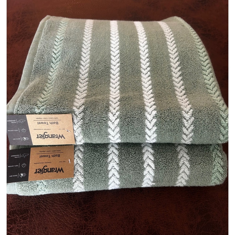 Wrangler‎ Cowboy Twill Green Bath Towel Set 2 Pack 100% Cotton Sage White Stripe
